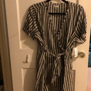Petite Length Denim Striped Wrap Dress